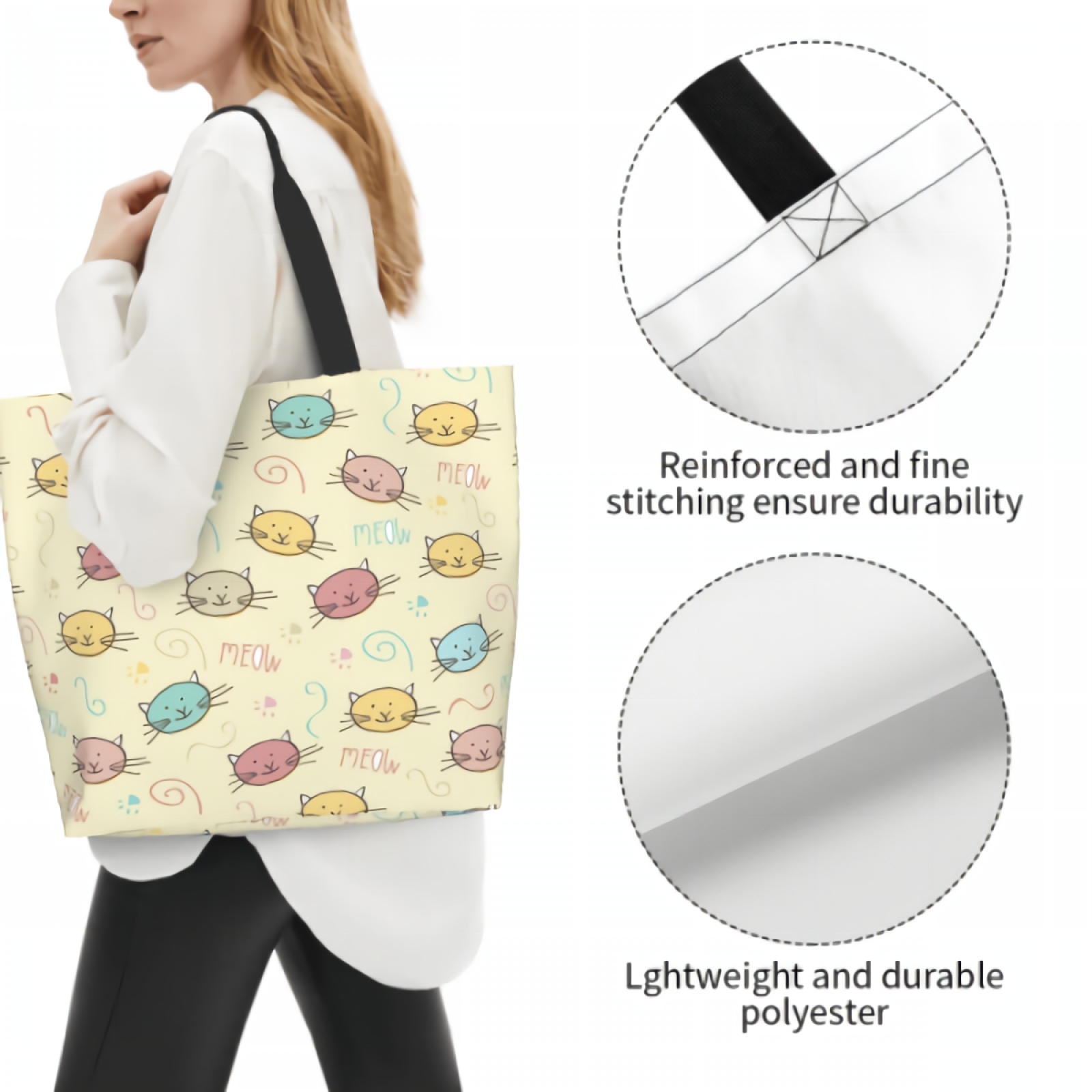 Cute Doodle Cats Meow Funny Vintage Cartoon Kitty Pet Print Canvas Tote Bag for Women Weekend Kitchen Reusable Grocery Bag