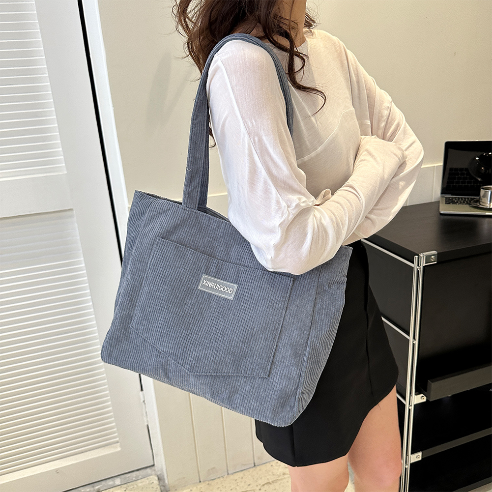 Women Corduroy Tote Bag with Pockets Compartments Large Capacity Shoulder Bags Solid Hobos Bag for School Work Shopping