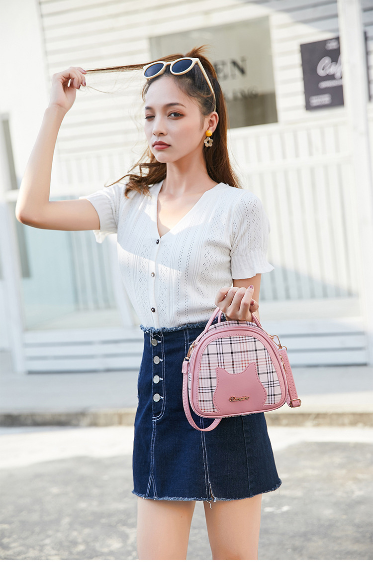 Korean Handbag Style Crossbody Bag: Sweet Checkered Cat Print Half Round Bag, Lightweight For Daily Use New Free Delivery Designer Bag