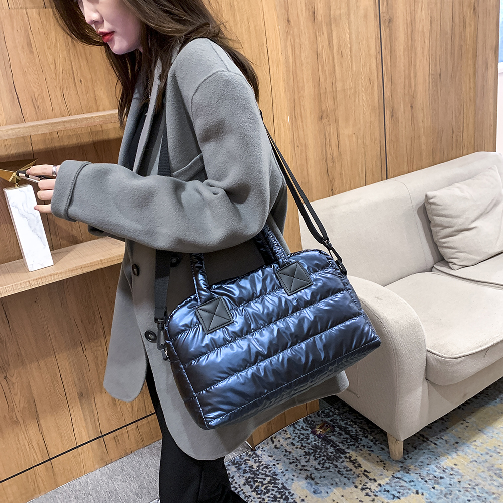 Autumn Winter Nylon Women Large Capacity Handbags Casual Quilted Lattice Shoulder Bags Female Solid Color Shopping Tote Bags