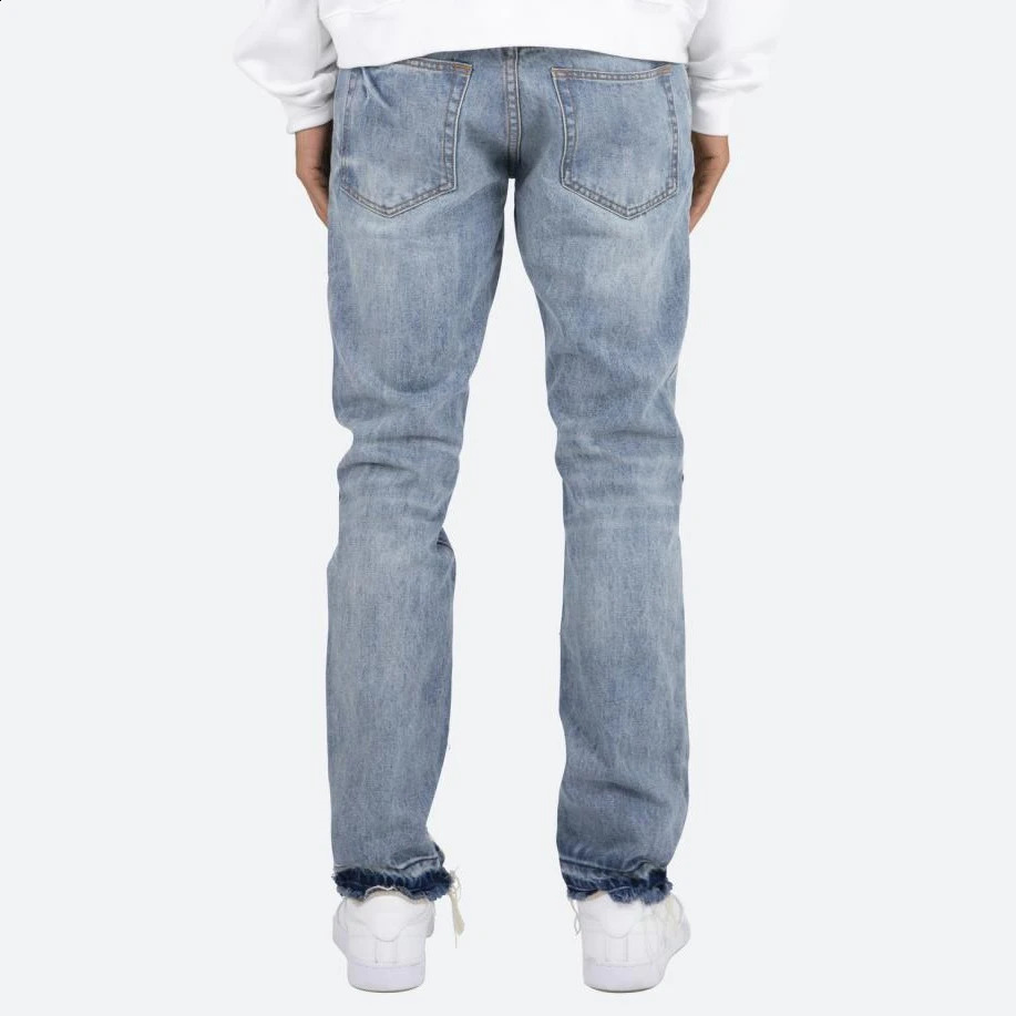Retro washed letter embroidery tear hole blue mens jeans straight through street clothing hip-hop loose neutral denim 240829