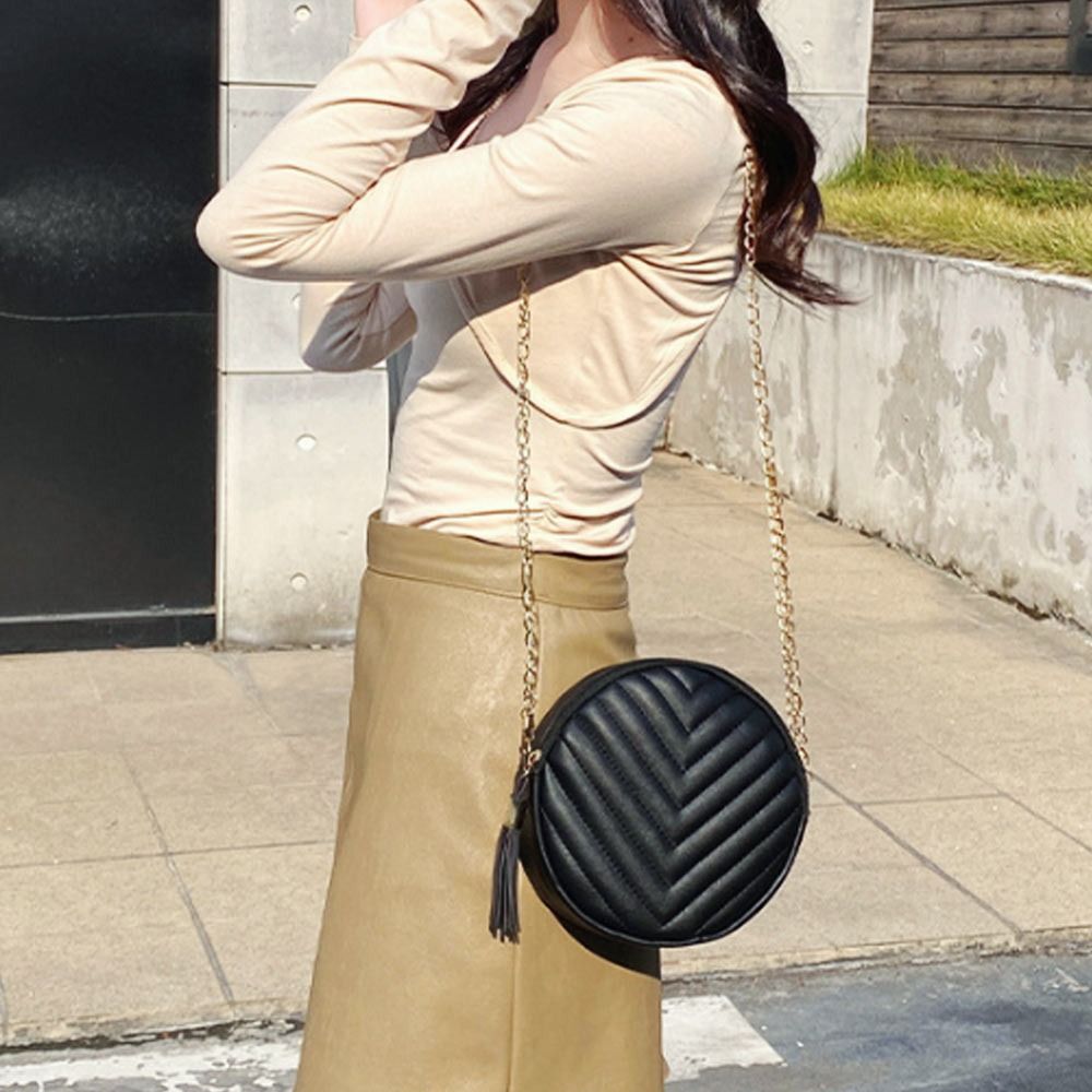 Fashion Women Round Bag PU Leather Women's Circular Crossbody Shoulder Bags with Tassel Ladies Purse Female Handbag