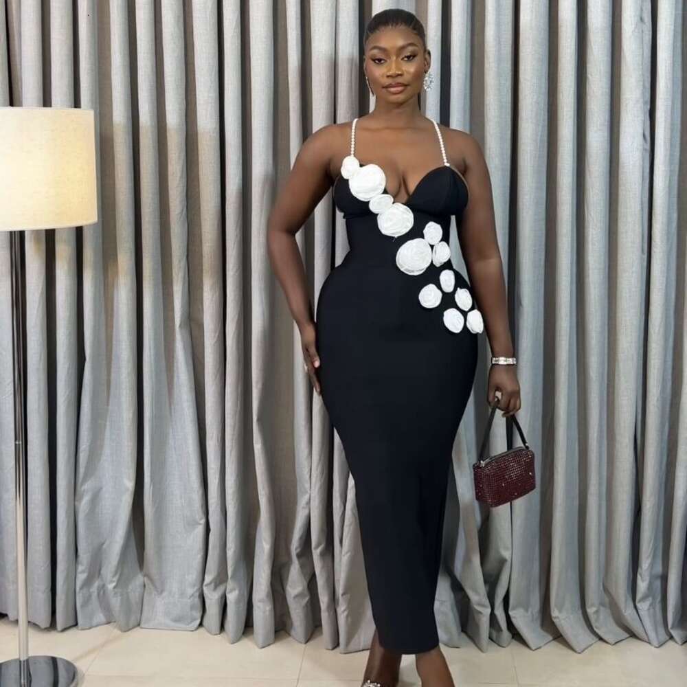 New womens pearl suspender slimming flower elastic knitted Fashion bandage dress long formal dress