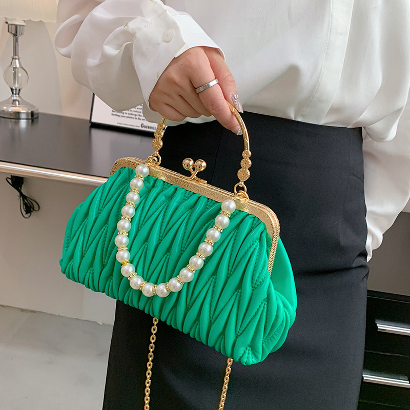 Fashion Women Orange Green Shoulder Bags Prom Clutch Pearl Chain Crossbody Bags Female Chic Totes Pu Leather Handbags And Purse