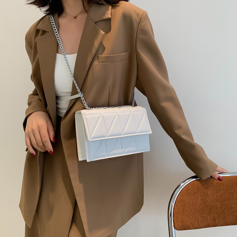 Solid Color Chain Strap Flap Shoulder Bag Ladies Handbags, Embroidery Plaid Crossbody Bags For Women Daily Used