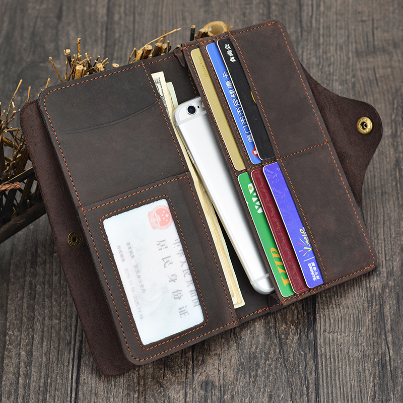 Men's Crazy Horse Leather Long Wallet Brown Real leather Trifold clutch snap purse Hasp purse with Phone pocket and coin pocket