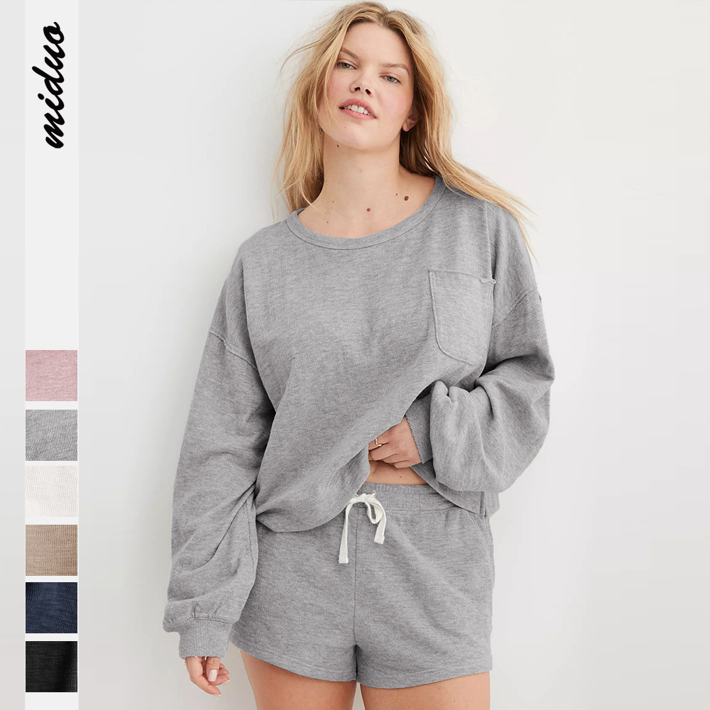Ribbed round neck top, comfortable casual hoodie, women's long sleeved knitted sweater