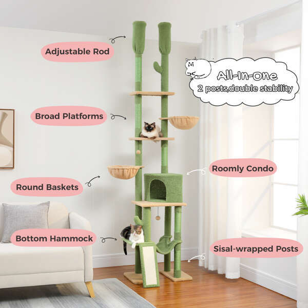 Cactus tree or standing tower, adjustable height (85-112 inches), 7-story climbing activity center, equipped with comfortable hammoc, 5 platforms, and