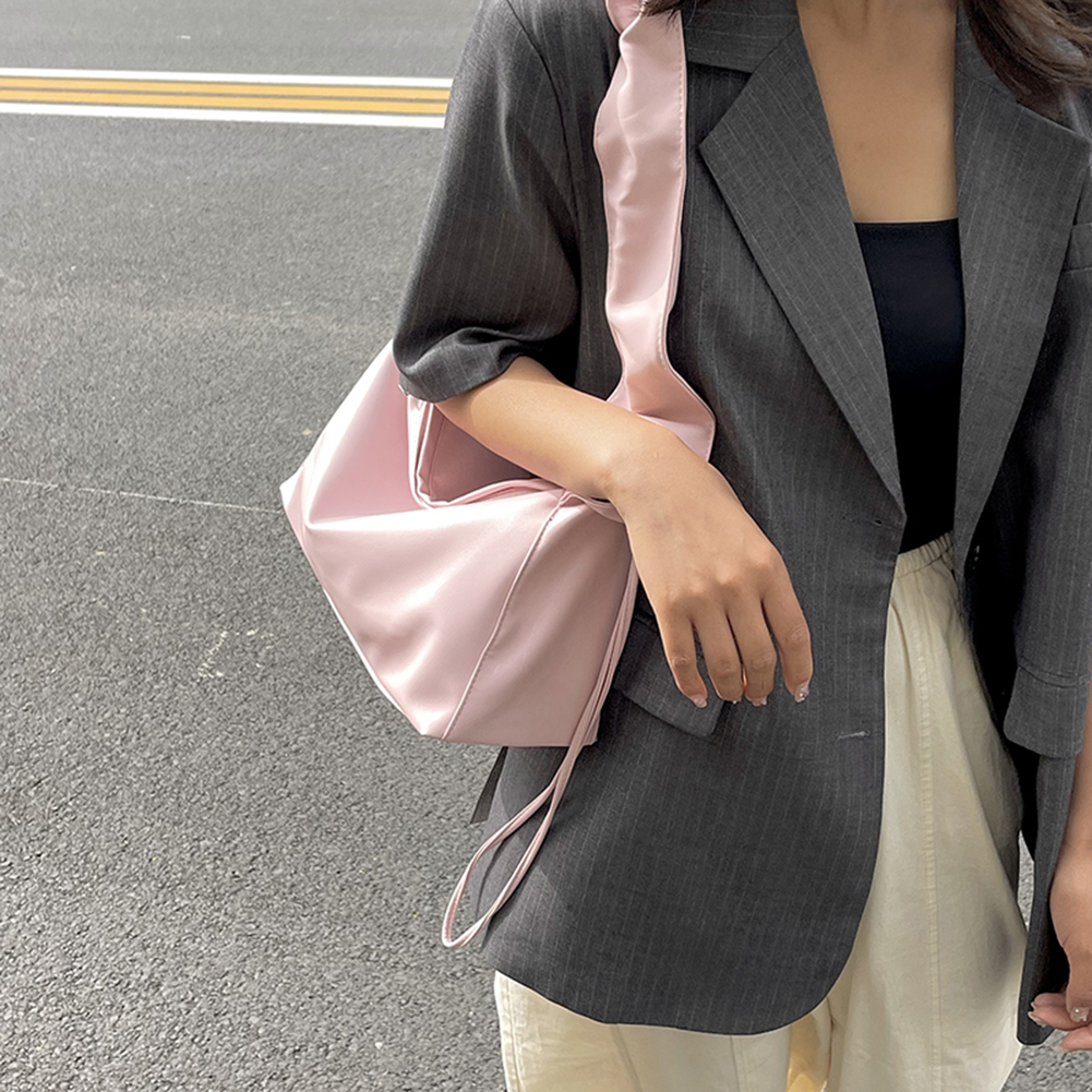 Women Shoulder Bags Pleated Drawstring Fashion Ladies Handbags Personalized Solid Color PU Leather Simple Girls Tote Bag Purse