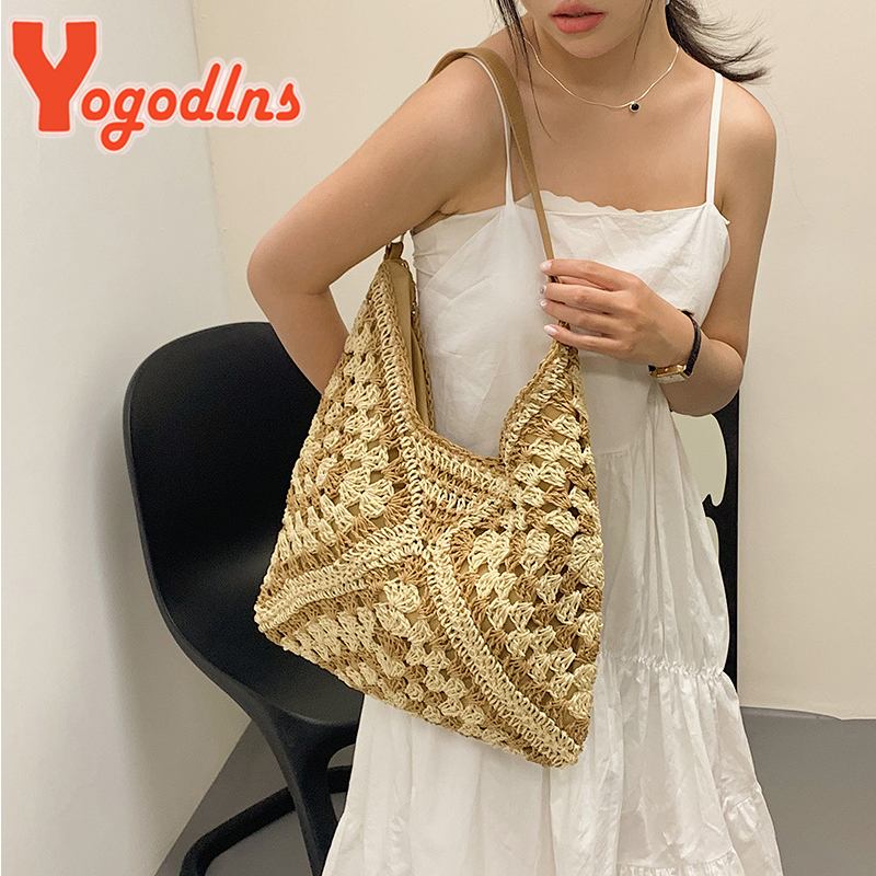 Yogodlns Women Weaving Clutches Top-handle Bag Large Portable Shoulder Bag Summer Beach Purses Shopper Satchel Female Tote Bags