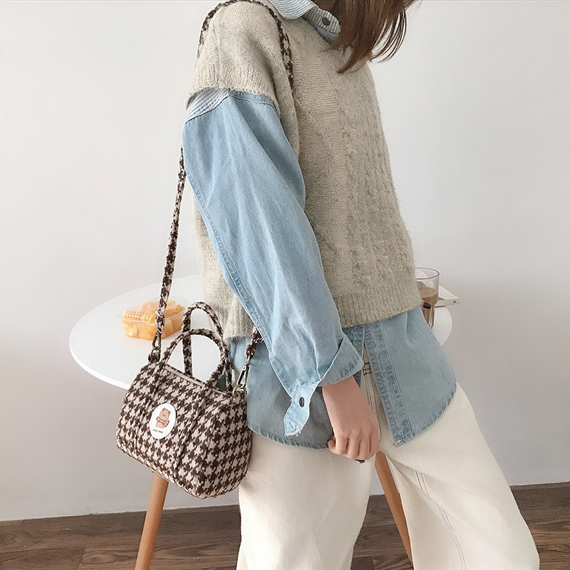 Cute Bear Women Little Boston Bag Woolen Corduroy Shoulder Bag Small Handbag Plush Crossbody Bags Cloth Zipper Purse For Girls