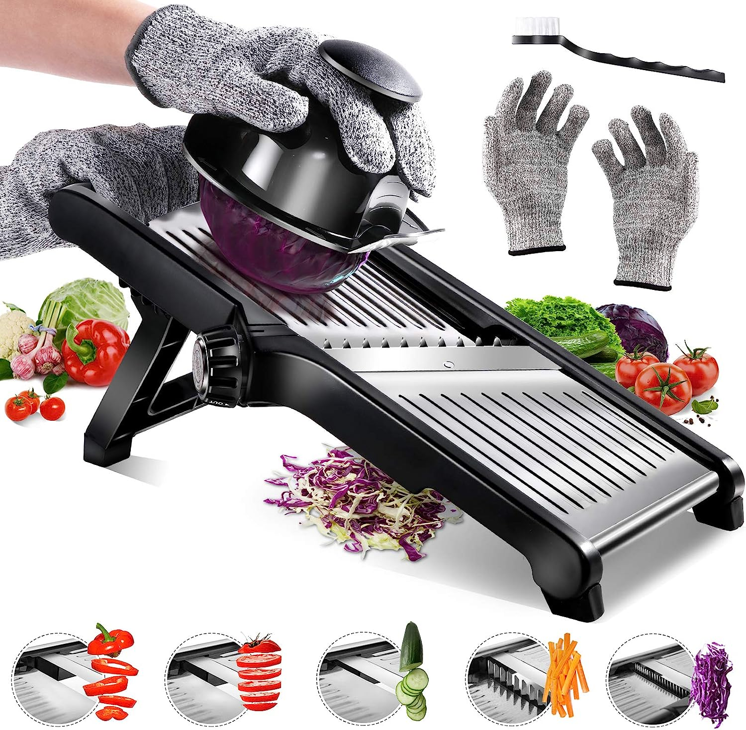 Mandolin slicer, adjustable vegetable slicer, food chopper, potato slicer, Mandolin, tomato slicer, vegetable cutter, with safety gloves