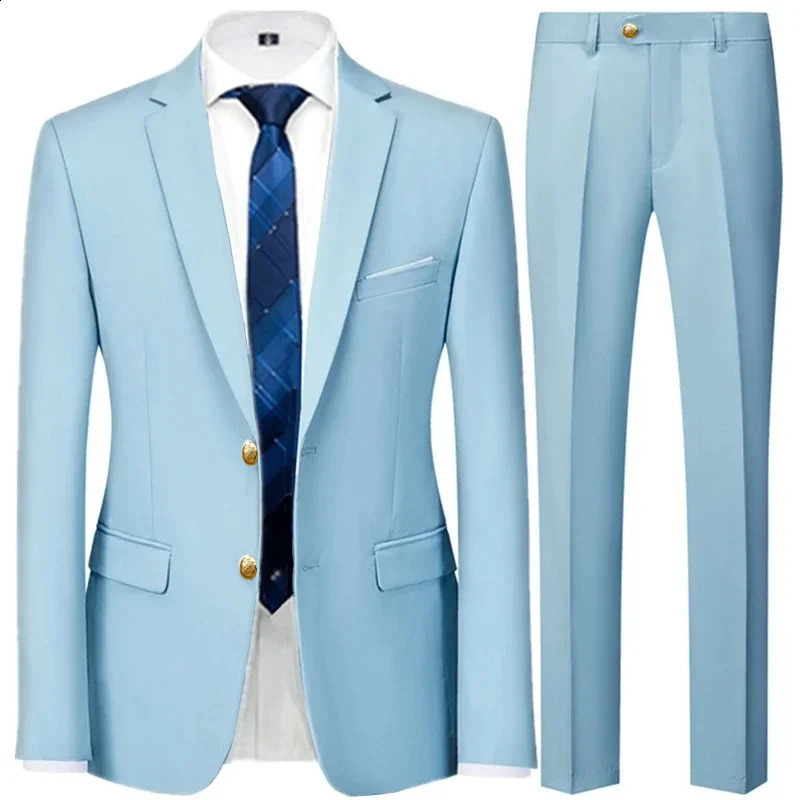 Fashion Mens Casual Business Suit Coat Trousers 2 Pieces Set / Male Solid Color Wedding Two Button Blazers Jacket Dress Pants 240802