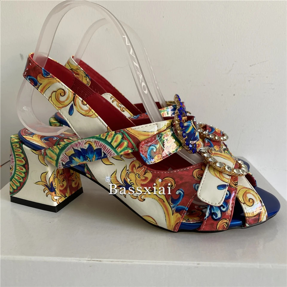 Exotic printed flower patent leather sandals for women thick high heels open toe crystal rhinestone buckle summer shoes 240731