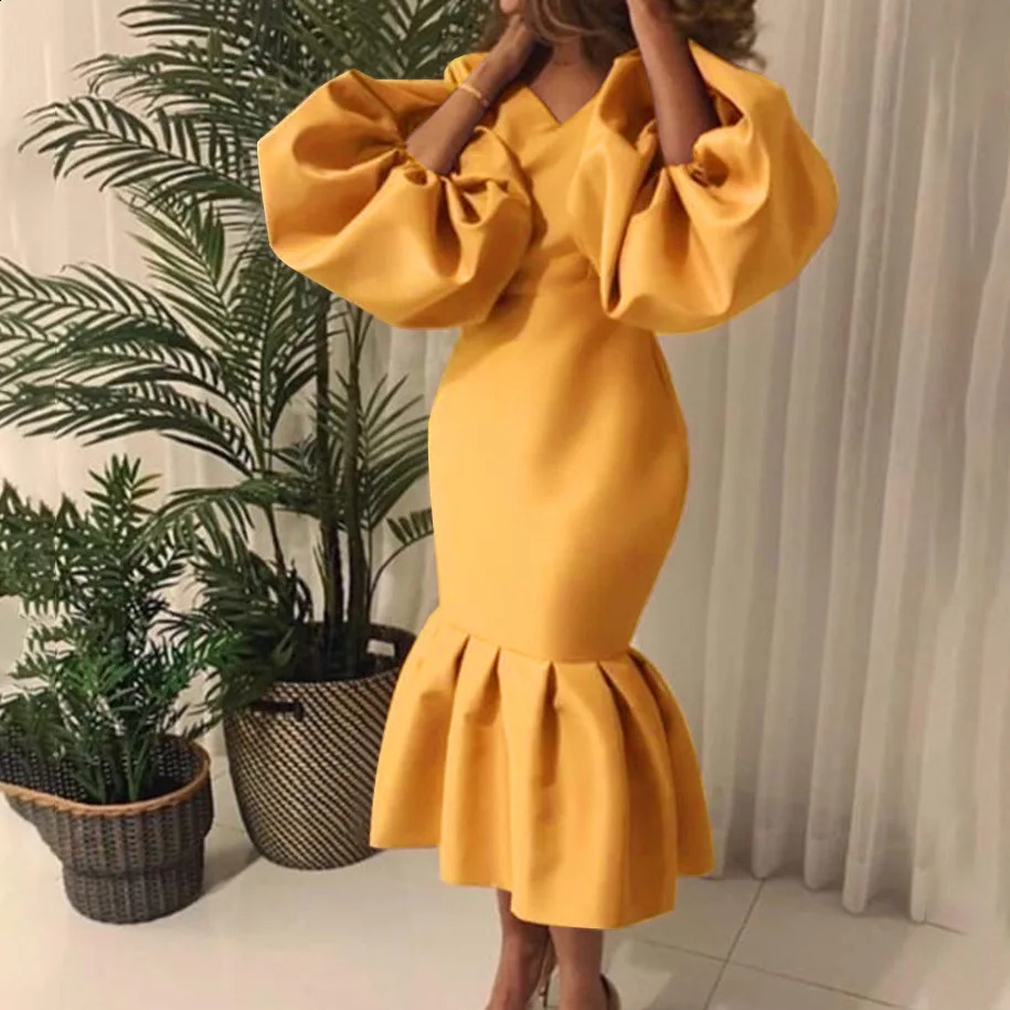 Plus size casual elegant womens fashionable solid color Vneck bubble long sleeved fishtail dress party evening 240820