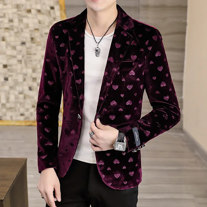 Stylish Heart Print Velvet Blazer Jacket Men Spring Slim Fit One Button Blazers Male Casual Party Wedding Costume Homme 240802
