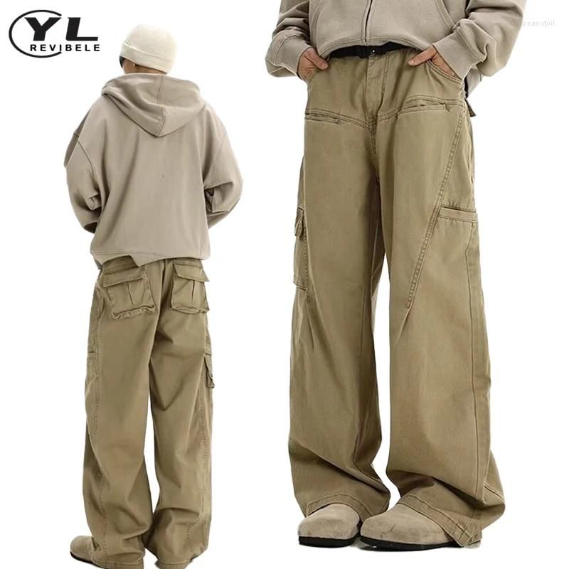 Mens Pants American Vintage Wide Leg Cargo Pant High Waist Solid Color Mtiple Pockets Jogging Spring Baggy Straight Trousers Drop Deli Otqex