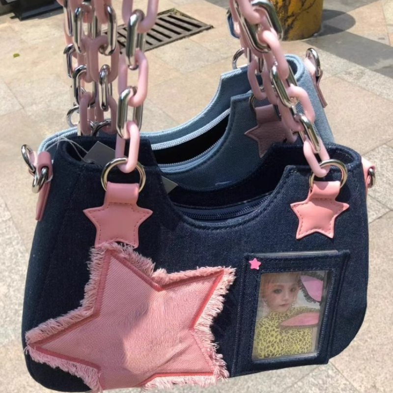 Korean Fashion Shoulder Underarm Harajuku Star Tote Denim Bag Chain Ladies Bags Zip Purses Handbags Women 2024 Luxury Square Bag