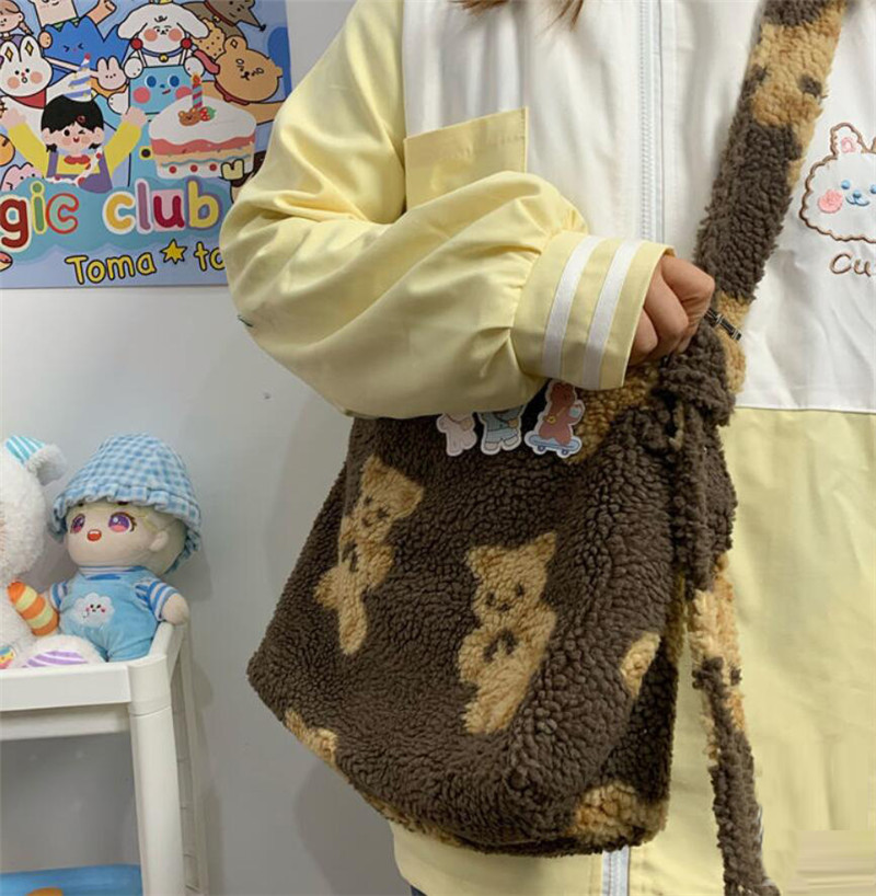 Women Cute Bear Like Fabric Plush Shoulder Bag Simple Handbag Tote Bag Embroidery Soft Shopping School For Girls Sac Femme