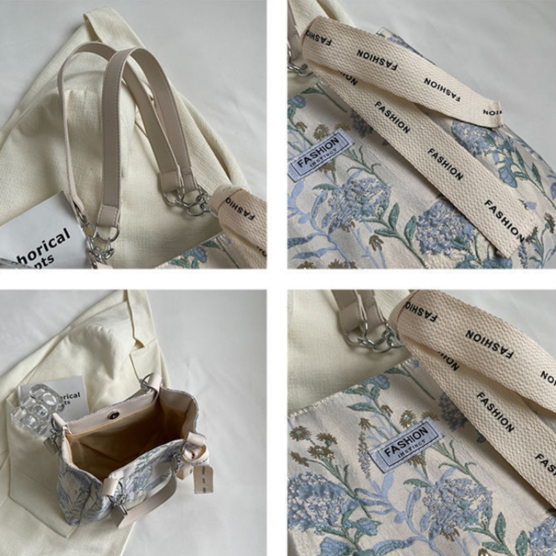 2023 Large Capacity Tote Canvas Top-Handle Bags for Women Fashion Embroidery Floral Female Shoulder Bags Casual Commuter Bag