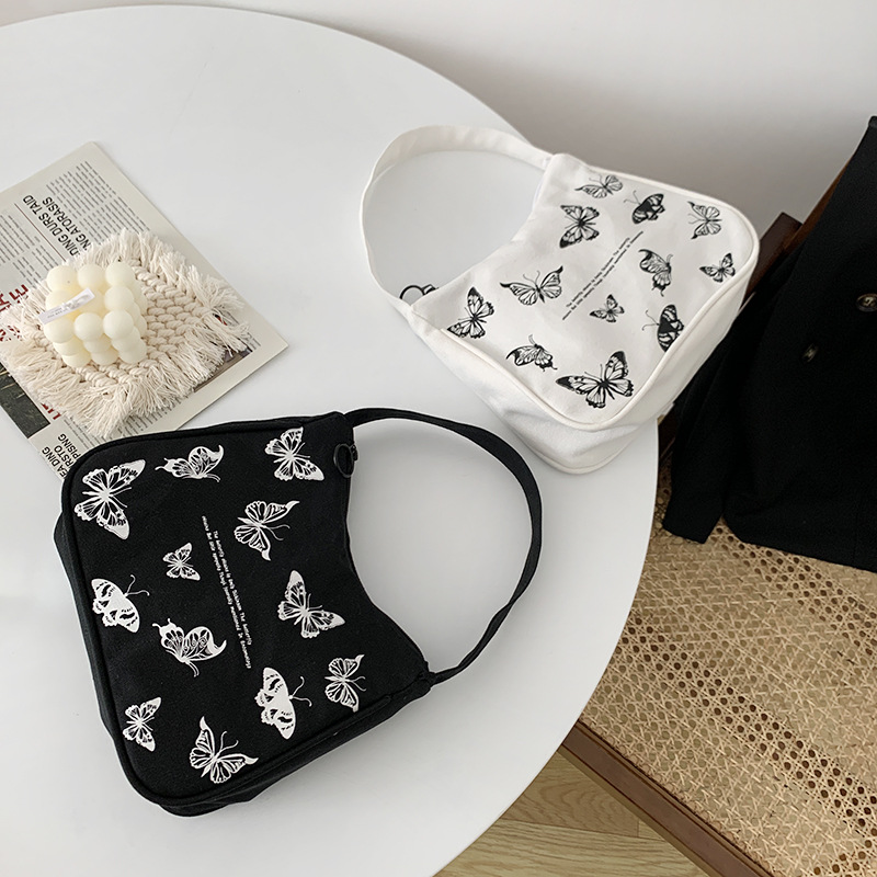 Spring Women Small Handbag Butterfly Print Canvas Tote Ladies' Fashion Underarm Bag Zipper Half Moon Bags Cotton Cloth Purse