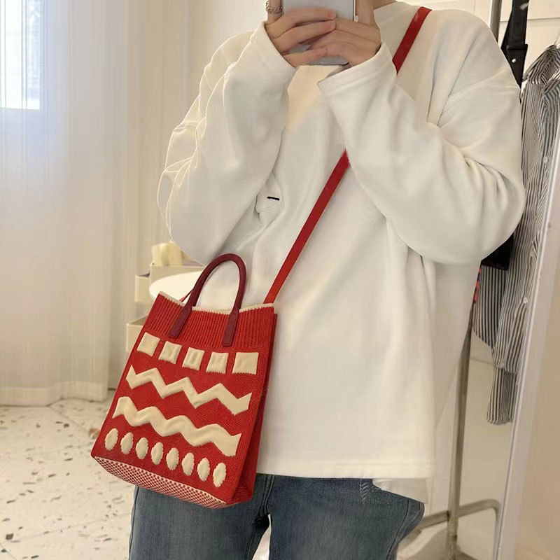 Fashion Vintage Crochet Plaid Medium Size Handbag Summer Ins Korean Retro Knit Square Stylish Side Sling Bag Crossbody Bag