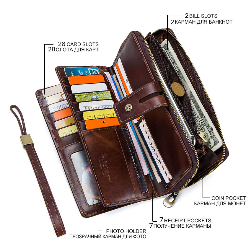 CONTACT'S Crazy Horse Leather Men's Wallet Long Clutch Card Holders For Men Cowhide Purse Wallet With Phone Holder Carteira Male
