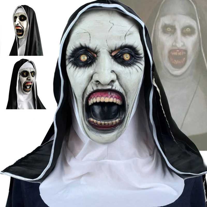 Scary Nun Mask Costume Horror Full Head Mask with Scarf Adult Creepy Costumes Party Props Plastic Ghost Latex Nun Dress Up MaskXJ240802