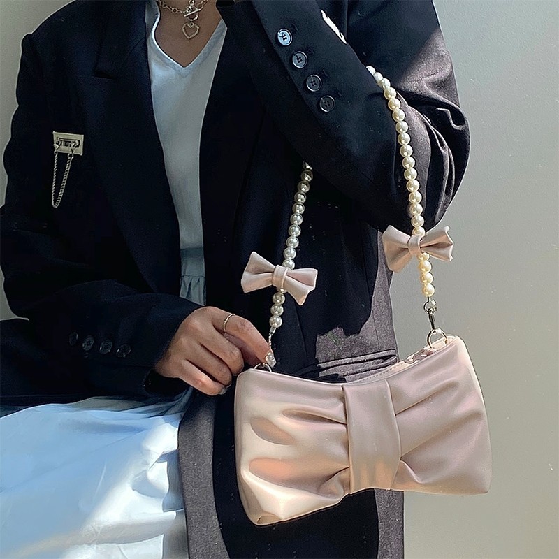 2022 Women's Vintage Bowknot Pearl Chain Shoulder Bag Fashion Girl Pearlescent New In Handbag Sac A Main Femme Bolsa Tote Bags