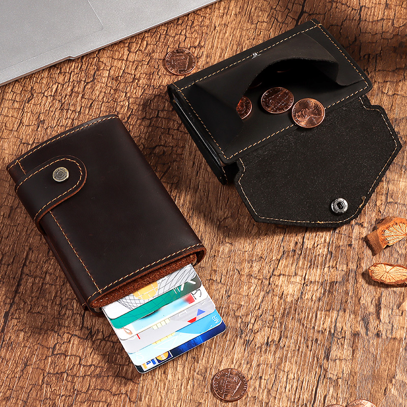 Cowhide Leather Pop-Up Credit Card Holder RFID Blocking Bank Card Case Minimalist Wallet for Men Money Clip with Coin Pocket