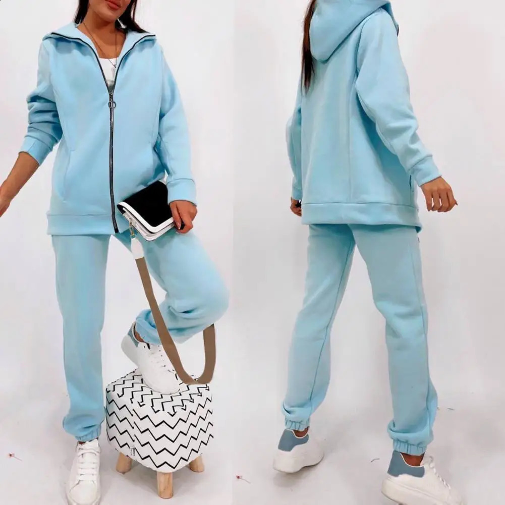 1 set of sportswear hoodie to keep warm womens polyester track suit thick fully matched pants 241007