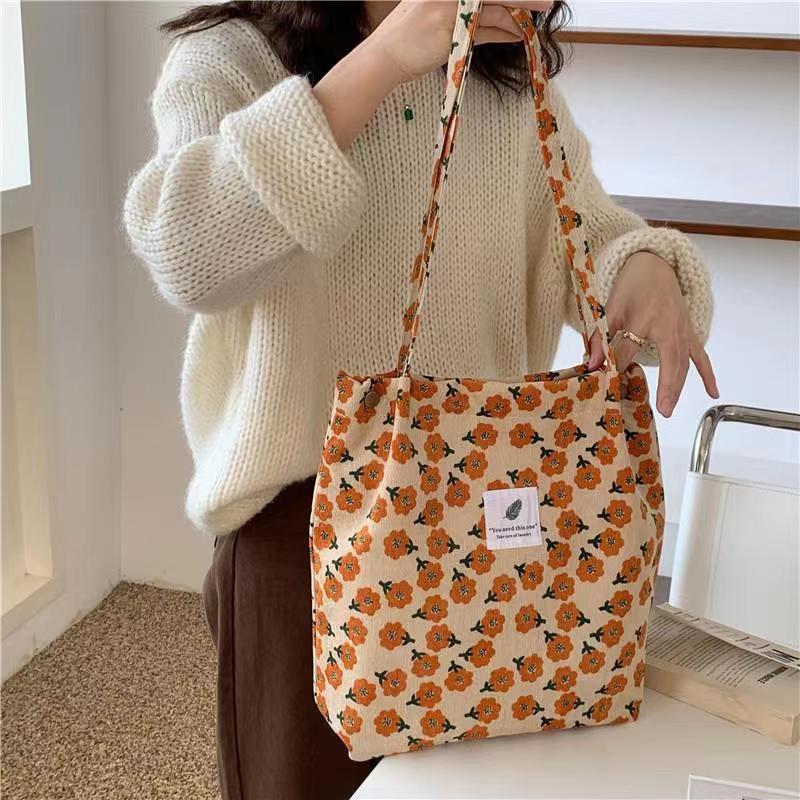 Women Printed Handbag Casual Version Large Capacity Corduroy Canvas Shoulder Bag Travel Shopping Plush