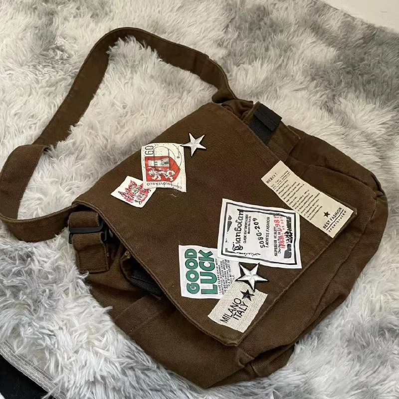 Vintage Y2k Messenger Bag for Women Canvas Star Patch Students School Crossbody Bags American Fashion Retro Female Handbags
