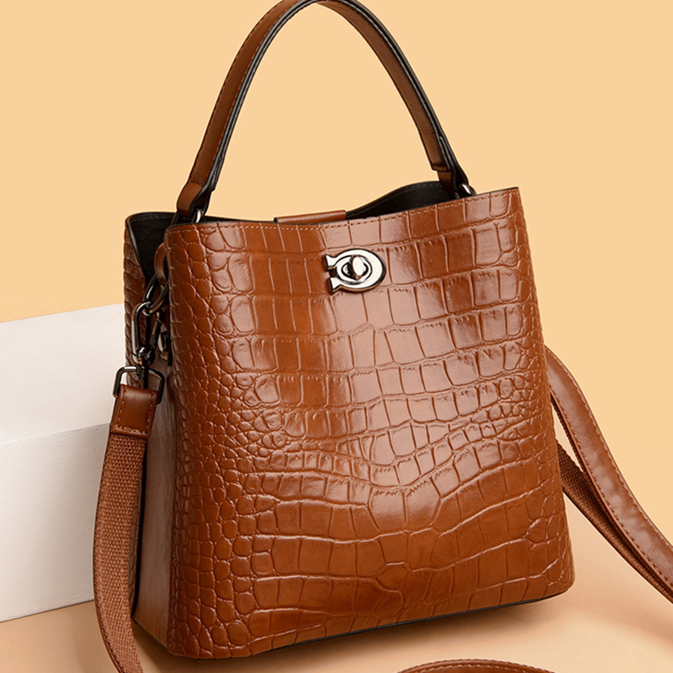 Retro Alligator Bucket Bags Women Crocodile Pattern Capacity Casual Oil Leather Shoulder Messenger Bags Ladies Handbag Purses