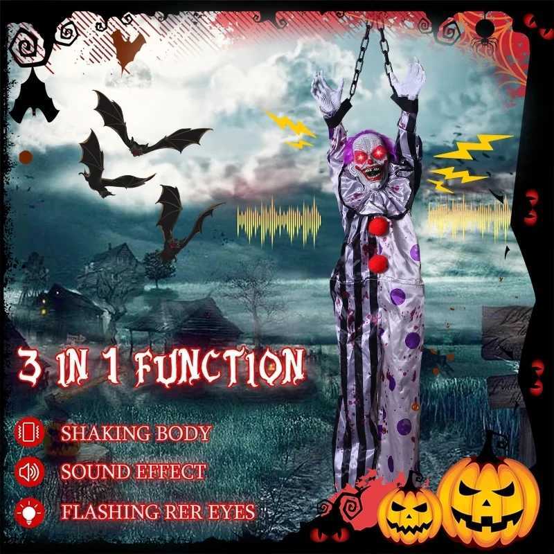 Halloween Animatronic Hanging Decoration Animated Talking Scary Clown with Chain Red Eyes Sound Touch Activated Electric Horror Y240801