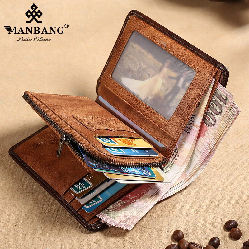 [Vintage Style & Genuine Cowhide Leather]ManBang Brand Luxury Men's Wallet Zipper Short First Layer Cowhide Purse Three Fold