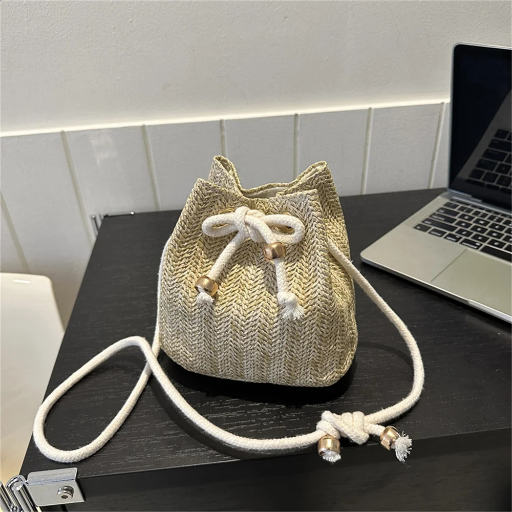 Fashion Womens Soft Woven Cross Body Bag Drawstring Straw Shoulder Bags Ladies Summer Travel Leisure Beach Handbag 2024 240919