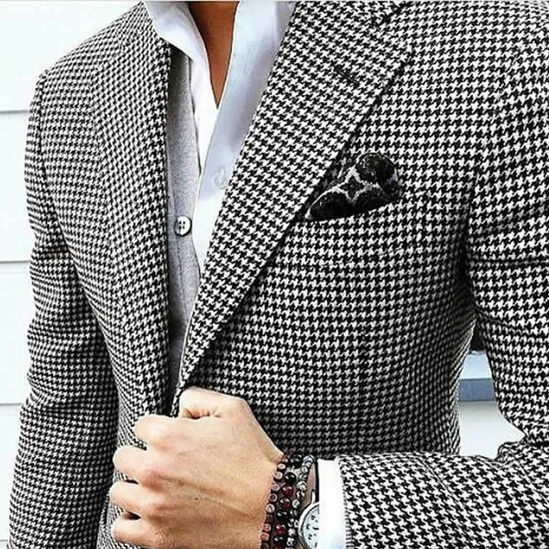 Italian Style Men's Blazer Houndstooth Casual Man Suit Jacket Notched Lapel 1 Piece Check Wedding Coat for Prom Party 2024