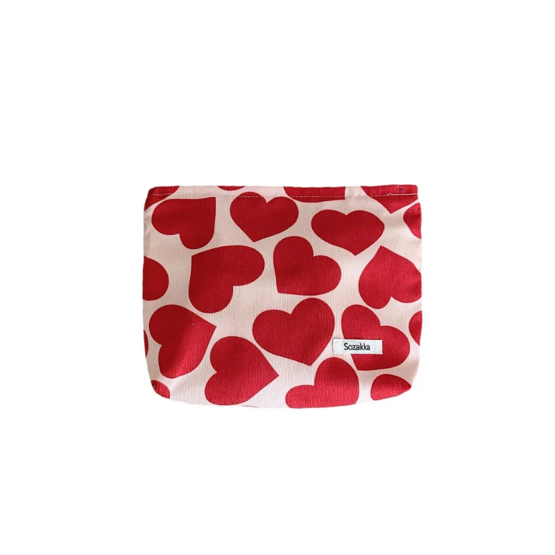 Red Black Green Heart Printed Cosmetic Bags for Women Corduroy Large Makeup Bags Organizer Travel Phone Toiletry Wash Bags