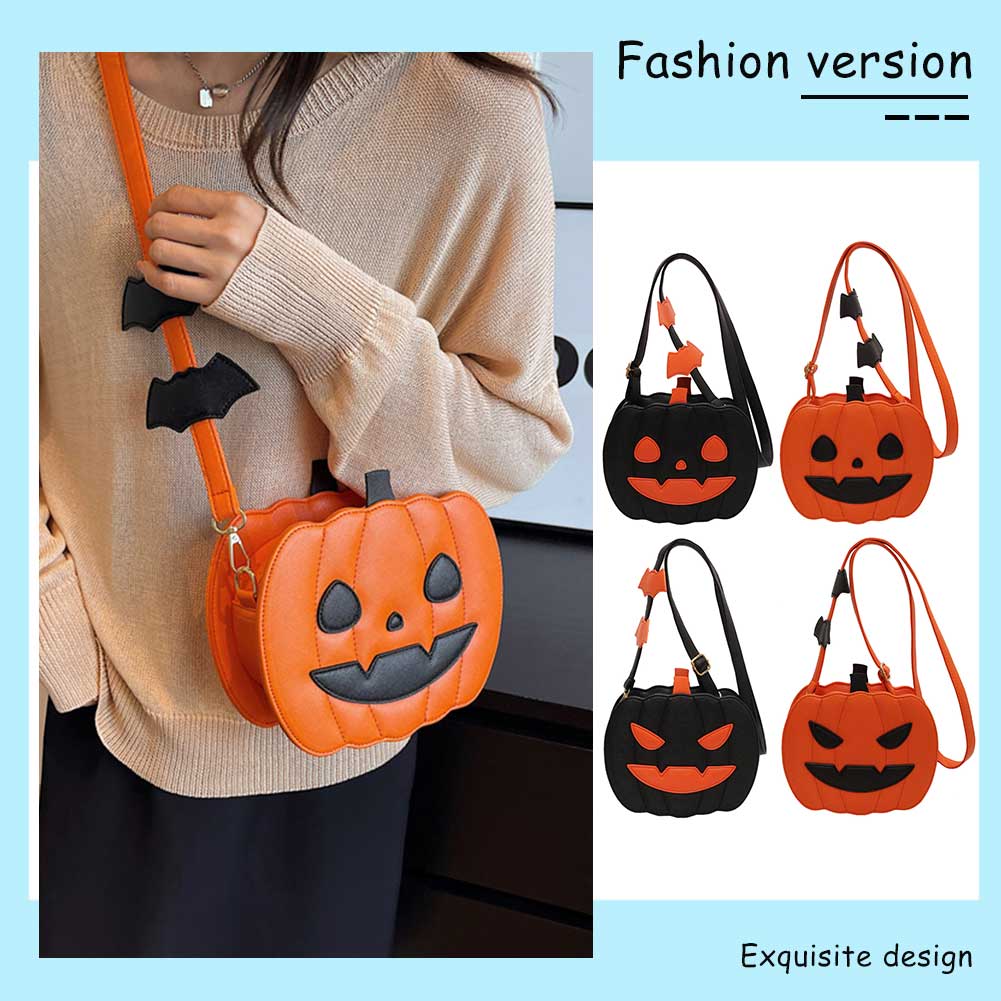 Women Pumpkin Crossbody Bag PU Leather Pumpkin Shoulder Bag with Zipper Adjustable Strap Halloween Funny Bag Demon Messenger Bag