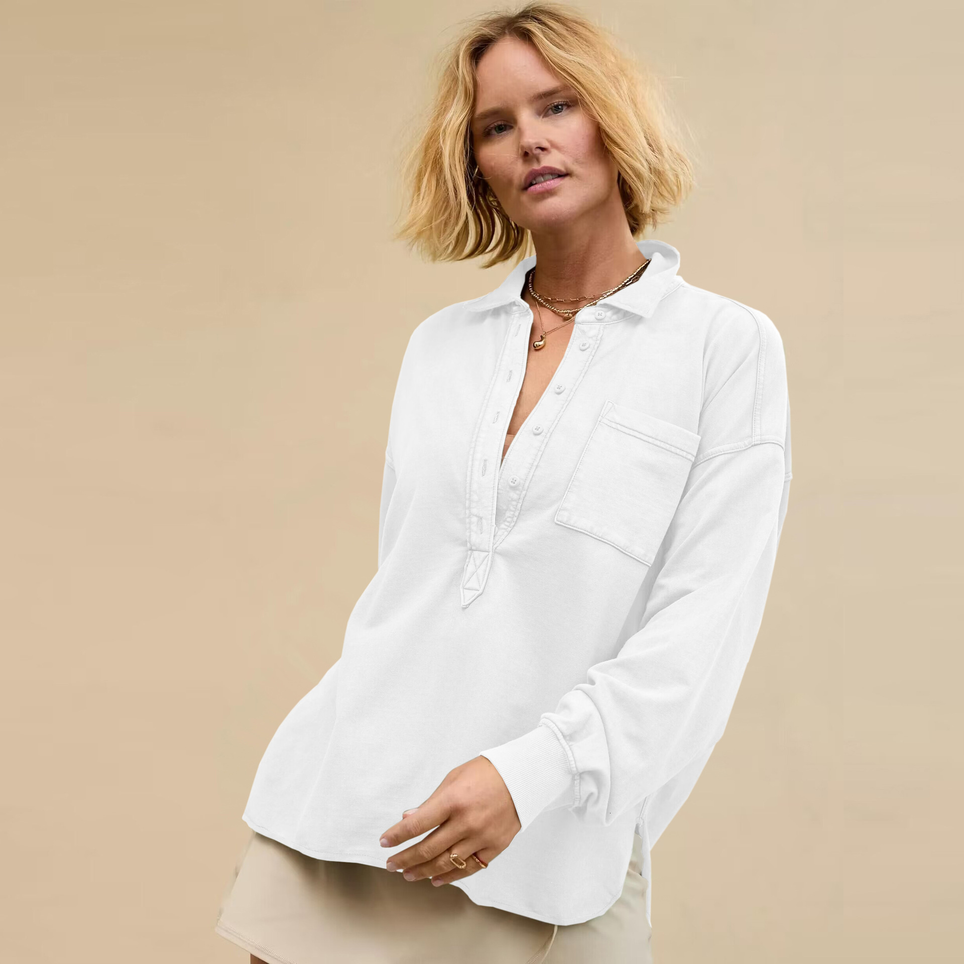 New fashionable and versatile women's loose POLO collar button casual long sleeved design with a sense of slit sweatshirt F8.2#52