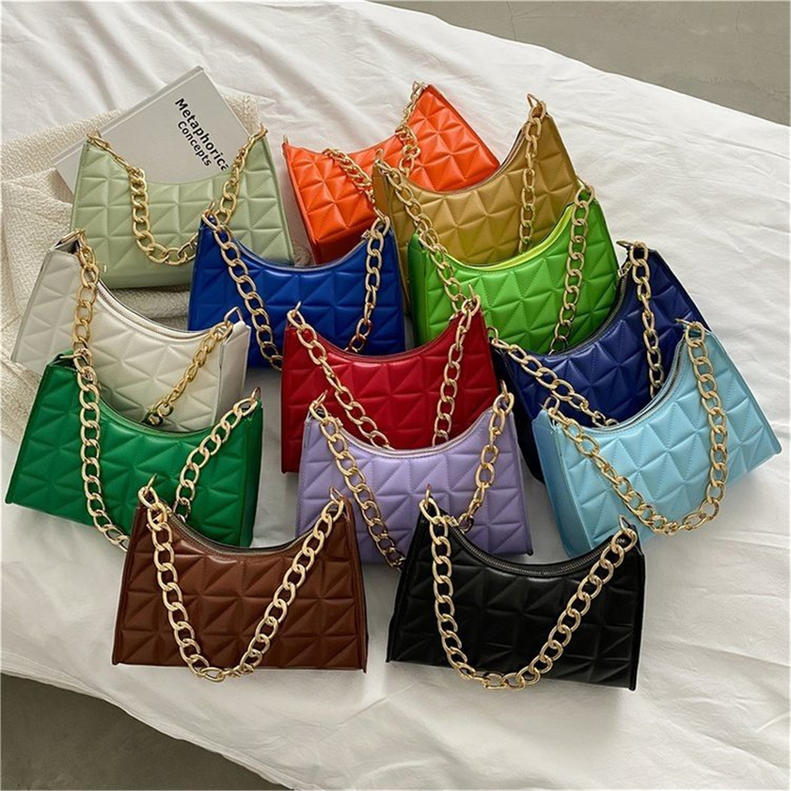 Women's Diamond Pattern Shoulder Bag PU Leather Solid Color Niche Chain Handbag Fashion Females Underarm Shopping Bag