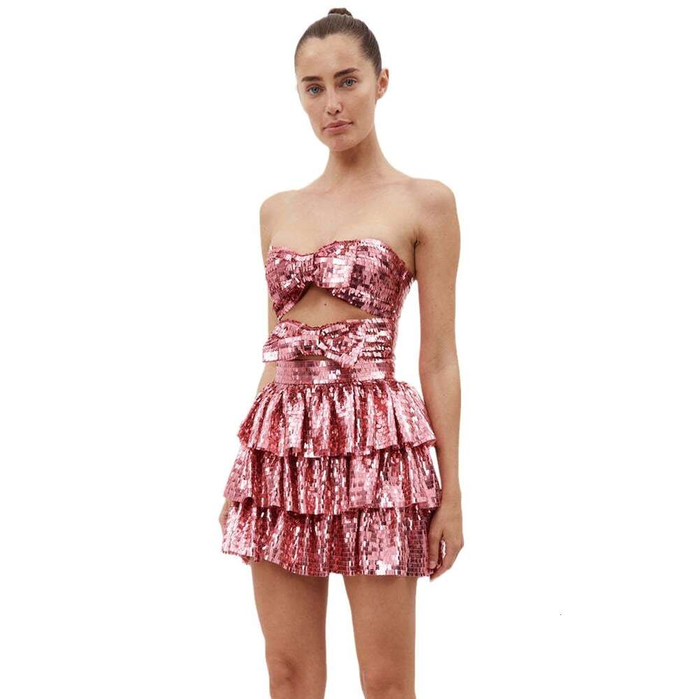 New party dress hollow pleated dress pink bow square sequin strapless skirt short skirt