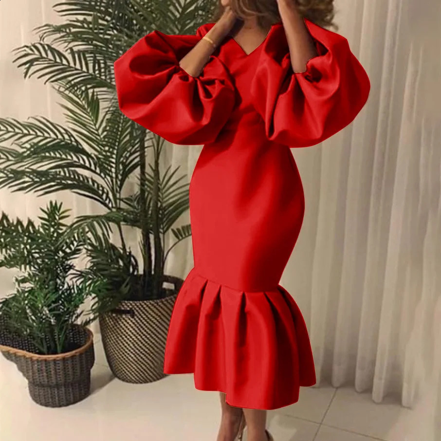 Plus size casual elegant womens fashionable solid color Vneck bubble long sleeved fishtail dress party evening 240820