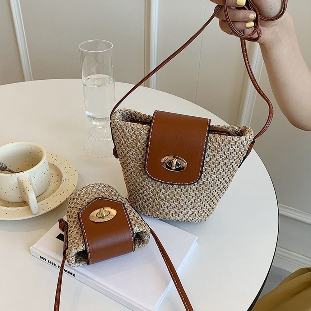 Mini Weave Straw Bag Bucket Bag for Women's Travel Vacation Beach Shoulder Bag Small Crossbody Bag Cute Sweet Style Handbag