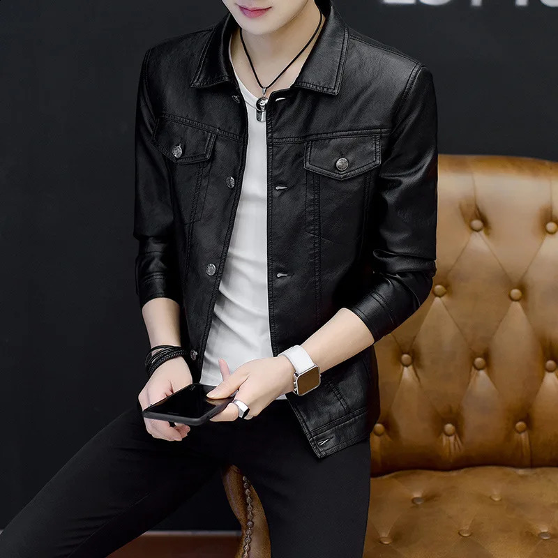 Mens Fashion Youth Lapel Faux Leather Jacket Korean Casual Slim Locomotive PU Leather Coat Man Shirts Jacket Male Clothing 240822