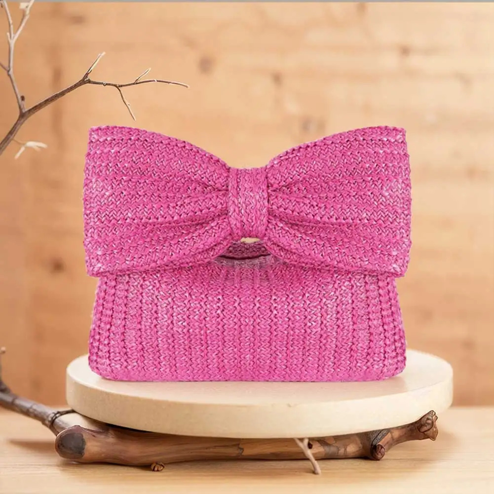 Women Straw Evening Bag Zipper Clre with Bow Woven Handbag Versatile Female Party Wedding 250227