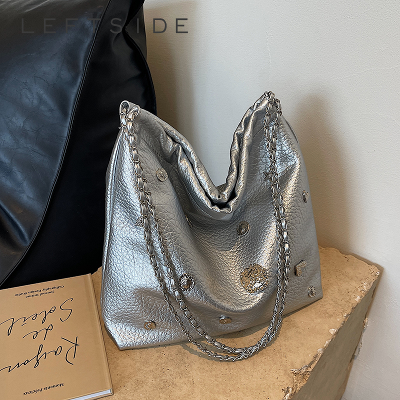 LEFTSIDE Y2K Big Chain Crossbody Bags for Women Korean Fashion Lady Female Silver PU Leather Shoulder Bag 2023 Trend Handbags