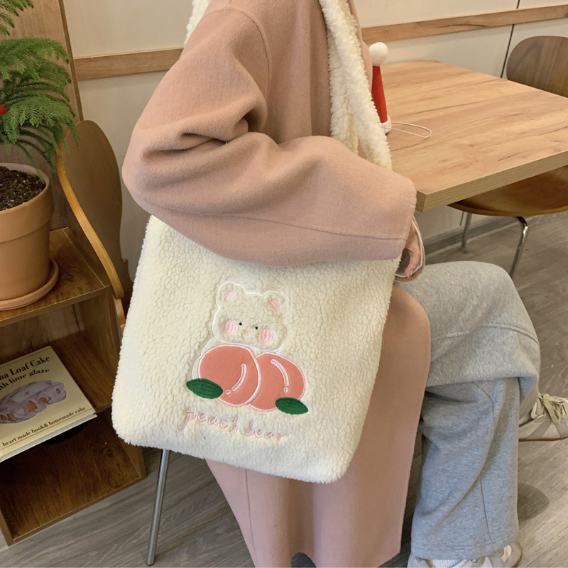 Women Plush Shoulder Bag Embroidery Warm Cloth Handbag Soft Canvas Tote Large Shopping Bag Cute Cartoon Bear Book Bags For Girls