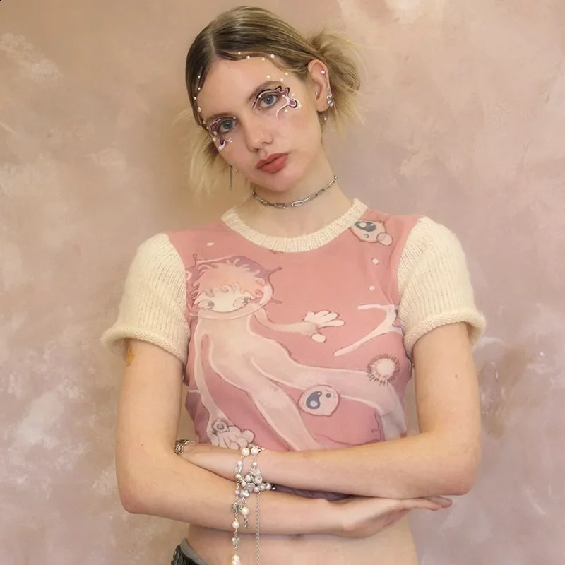 Y2k Cute Graphic Knitted Splice T-shirts Harajuku Kwaii Cartoon Skinny Crop Tops Women 90s Aesthetic Streetwear Summer 240801